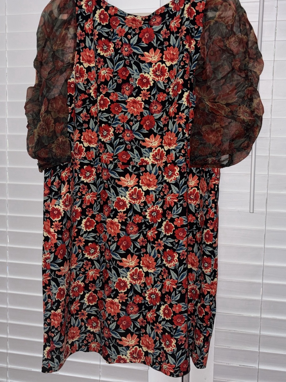 torrid Black Midi Dress with Red Floral Print and Sheer Puff Sleeves